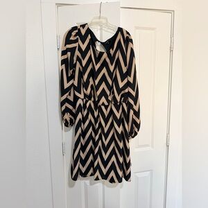 My Michelle Black and Beige Chevron Long-Sleeve Fit-and-Flare Dress
